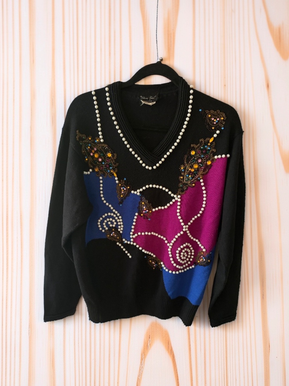 Diane Freis Knits Vintage 80s Wool Colorblock Beaded Rhinestone V-Neck Sweater